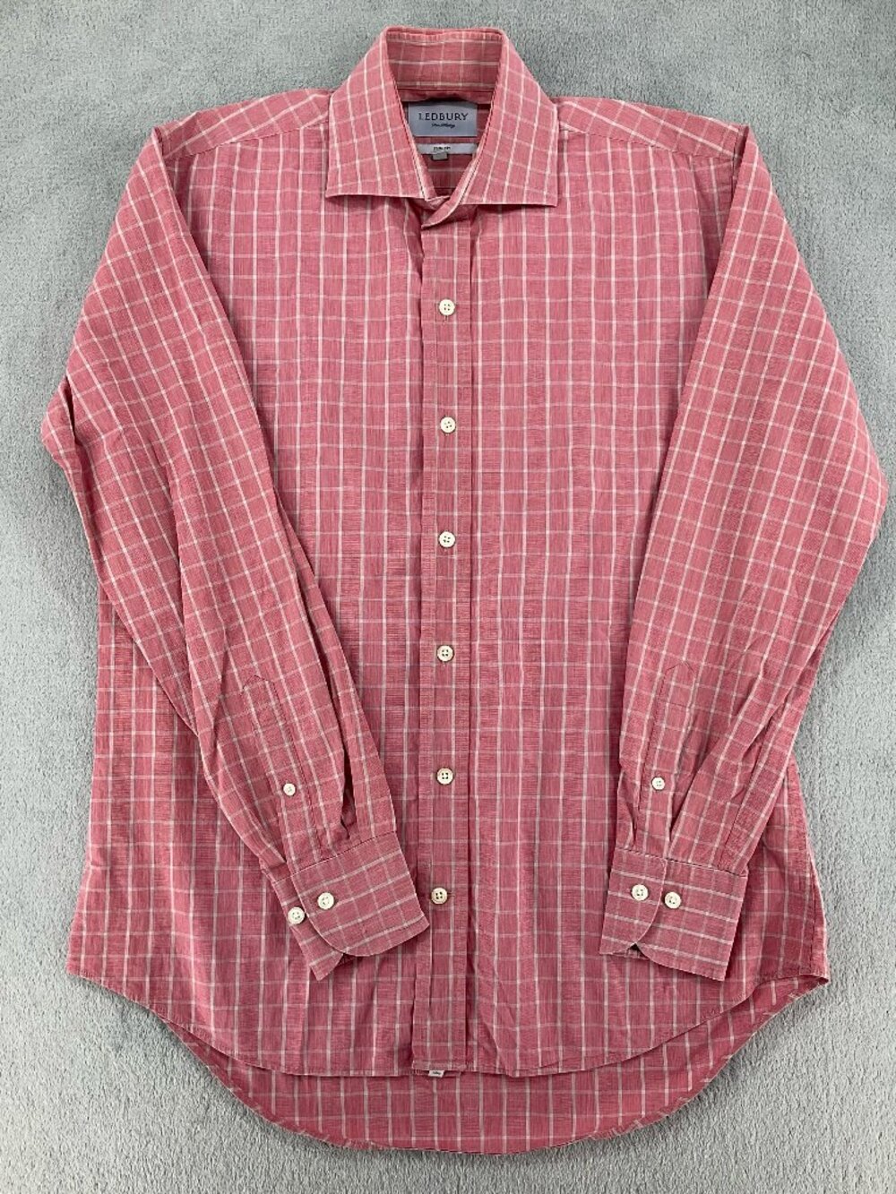 Ledbury Men’s 15.5 M Slim Fit Pink White Plaid Long Sleeve Dress Shirt